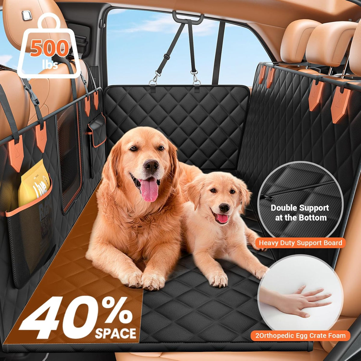 IJVAE Dog Seat Cover for Back Seat, Hard Bottom Back Seat Extender Holds 500 Lbs, Waterproof & Nonslip Car Hammock for Large Pets, Comfortable Travel Seat Protector for SUV and Sedan