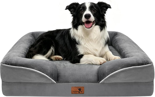 Spotted Play Orthopedic Dog Bed with Sides - Dog Sofa Beds for Large Dogs, Supportive Foam Pet Couch Bed with Washable Removable Cover, Waterproof Lining and Non-Slip Bottom, Grey - L