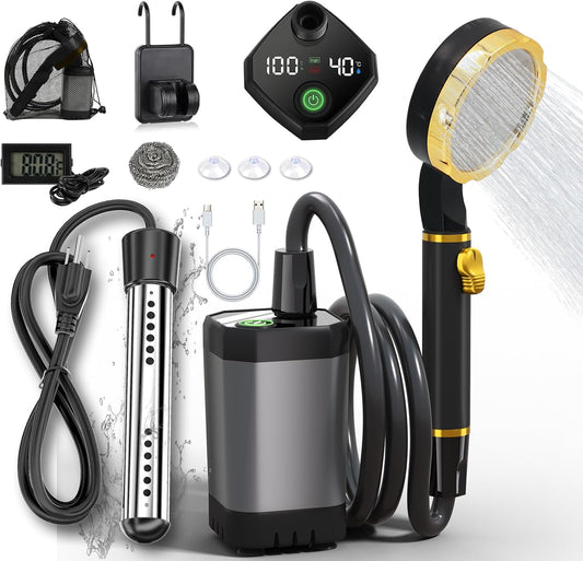 BSEED Portable Shower for Camping with Immersion Water Heater, 6000Mah Rechargeable Camping Shower with Intelligent LED Display, Outdoor Shower for Hiking, Travel, Pets & Car Washing, Wartering Plants