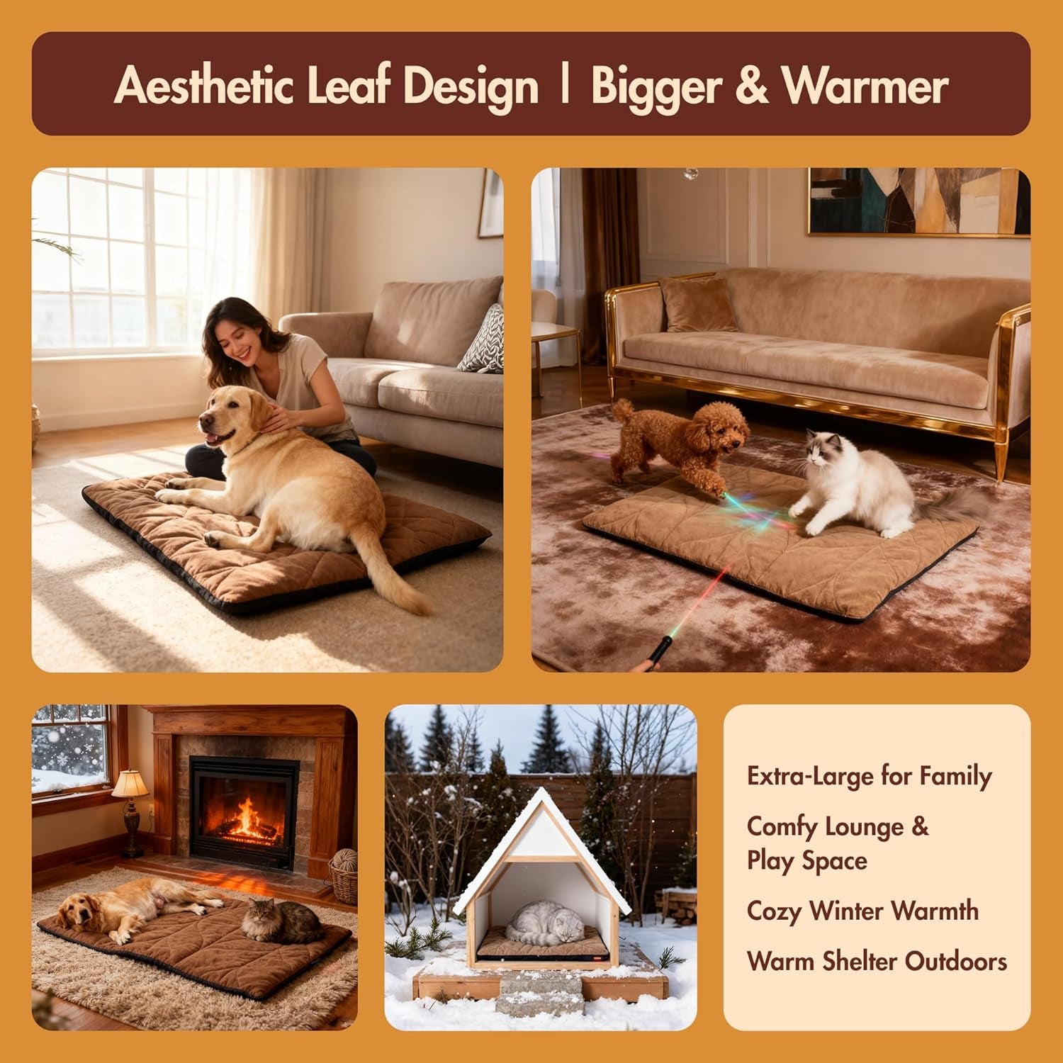 Vagascape Dog Bed, Waterproof Pet Bed with Removable Cover, Comfort Cat Dog Pad for All Seasons, Heating Khaki Rectangle Cat Mat with Nonskid Bottom(48"X28")