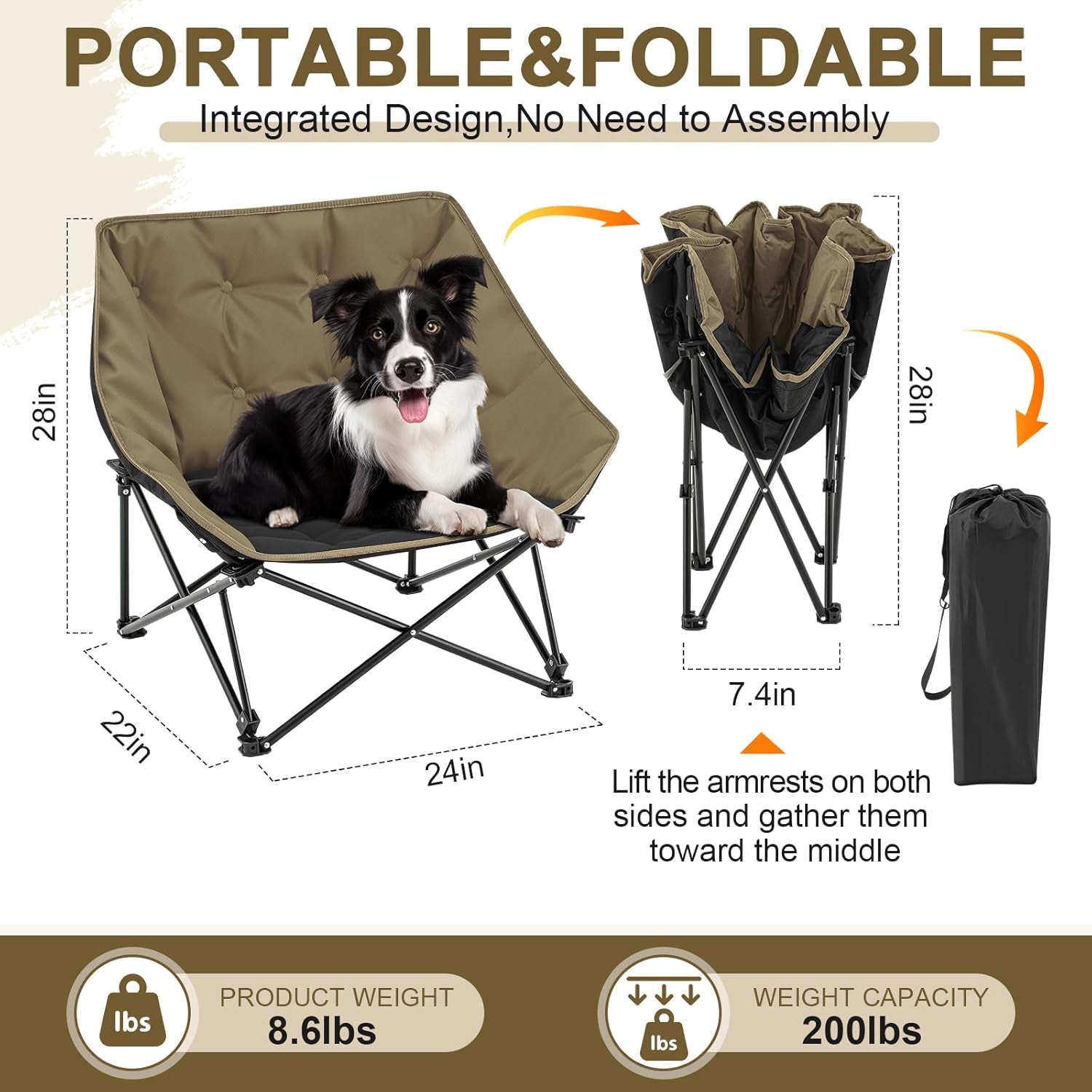 Croblissful Portable Dog Camping Chairs for Dogs Raised Pet Bed for Outdoor Folding Chair Patio Lazy Puppy Cot Heavy Duty Pet Camping Gear(28X 24 X 22 Inches,Brown)