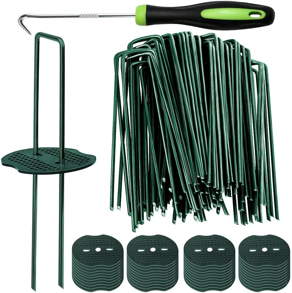 Bakulyor 50Pcs Green Artificial Turf Stakes Staples + 50Pcs Buffer Washer, 6 Inch 11 Gauge Landscape Staples, Galvanized Lawn Spikes, Heavy Duty Yard Ground Pin for Grass Weed Barrier Sod Fabric