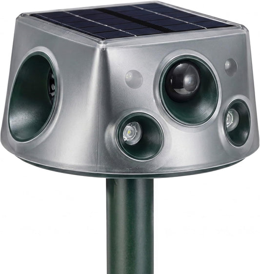 2026 Upgraded Solar Animal Repeller Outdoor, 240° Dual-Sided Ultrasonic Cat Deterrent, Motion Activated Deer Raccoon Squirrel Dog Rabbit Skunk Repellent, IP66 Waterproof, USB-C + Solar