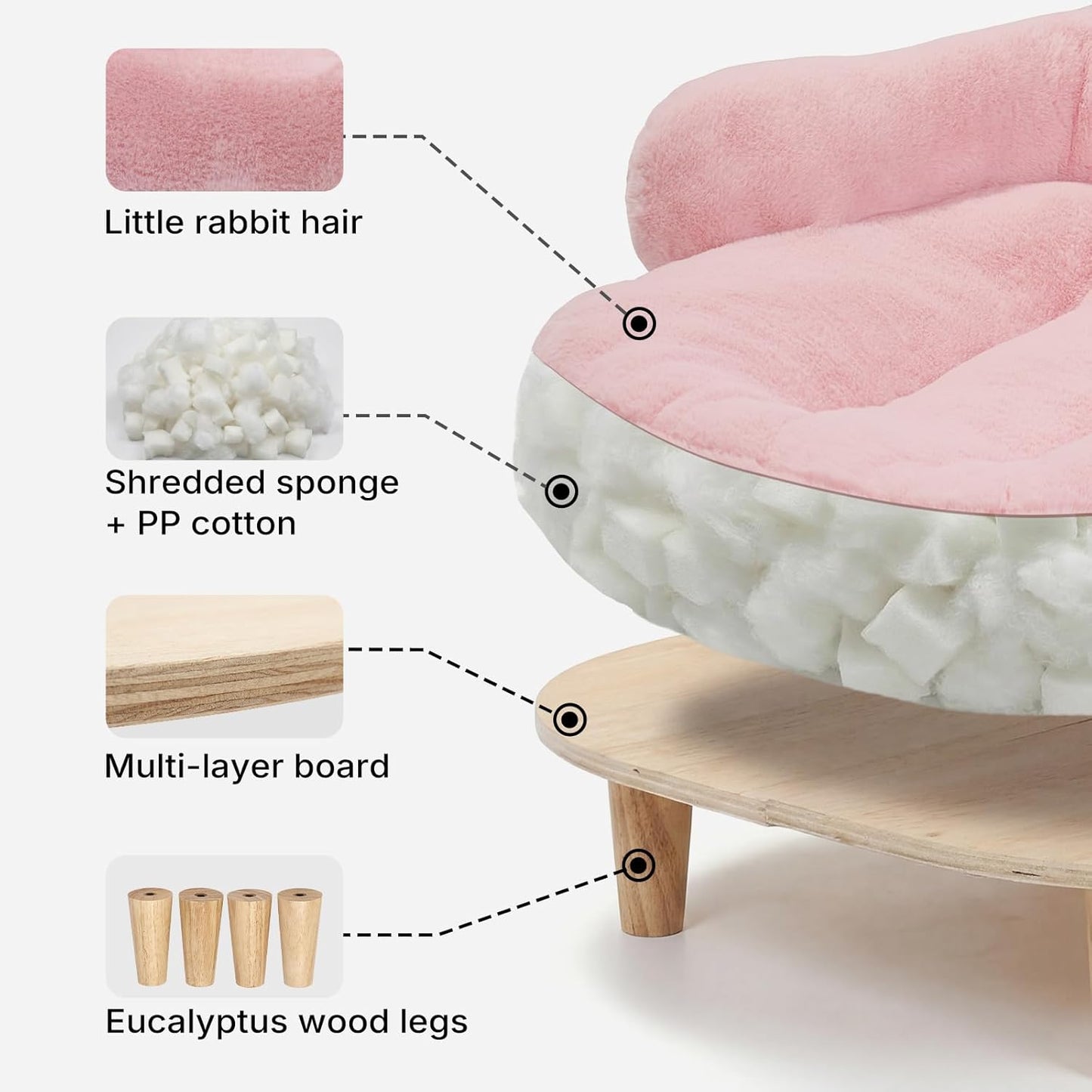 Veehoo Elevated Dog Couch Bed, Cute Dog Sofa Bed for Small Medium Dogs, Raised Dog Bed with Washable Cover and Sturdy Wood Legs, Modern Indoor Pet & Puppy Beds with Frame and Soft Cushion, Light Pink