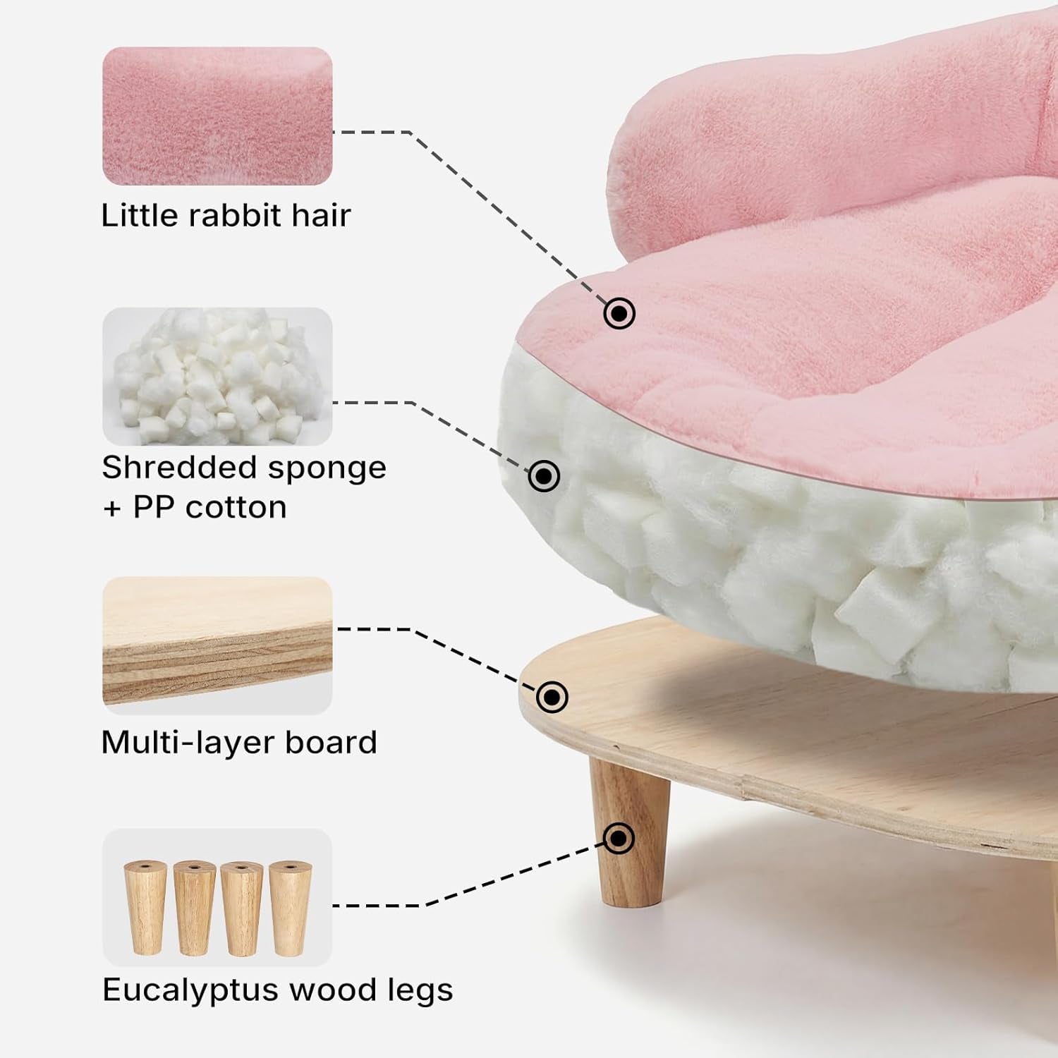 Veehoo Elevated Dog Couch Bed, Cute Dog Sofa Bed for Small Medium Dogs, Raised Dog Bed with Washable Cover and Sturdy Wood Legs, Modern Indoor Pet & Puppy Beds with Frame and Soft Cushion, Light Pink
