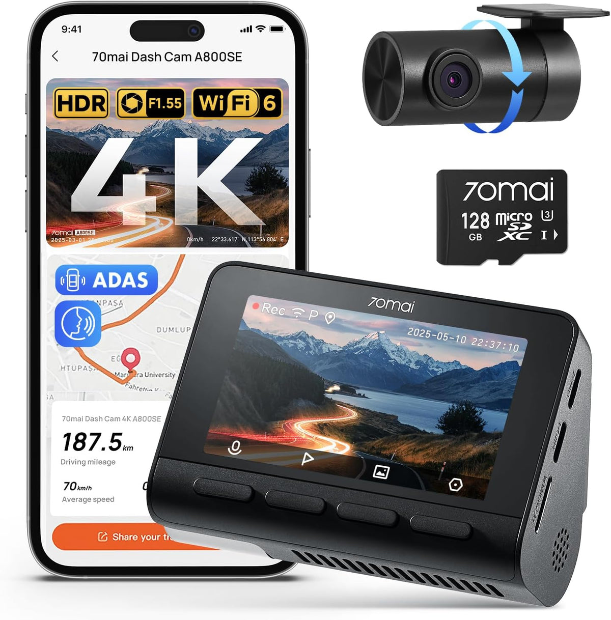 70Mai 4K Dash Cam Front and Rear, Built in Wi-Fi 6 & GPS Car Camera, Super Night Vision, ADAS, 3'' IPS Screen, 24H Parking Mode, Time-Lapse, Loop Recording, with 128GB Card (A800SE)
