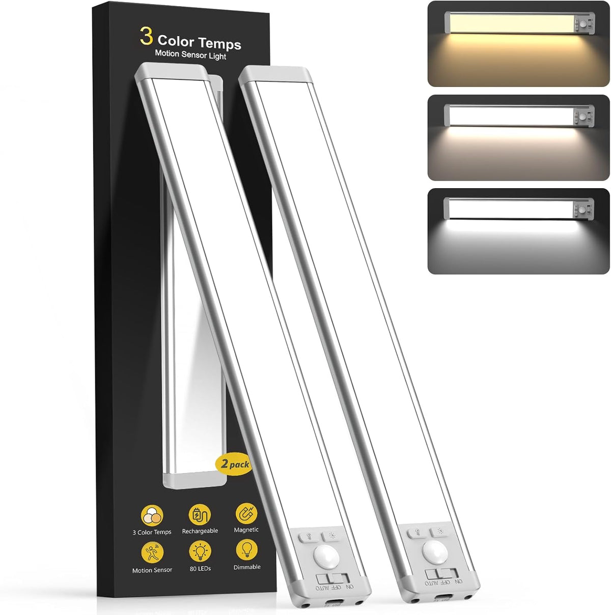 10Inch under Cabinet Lighting with 3 Color Temps, 2 Pack Rechargeable Motion Sensor Light Indoor, 5 Levels Dimmable Magnetic Closet Lights, Wireless under Counter Lights for Kitchen, Stairs