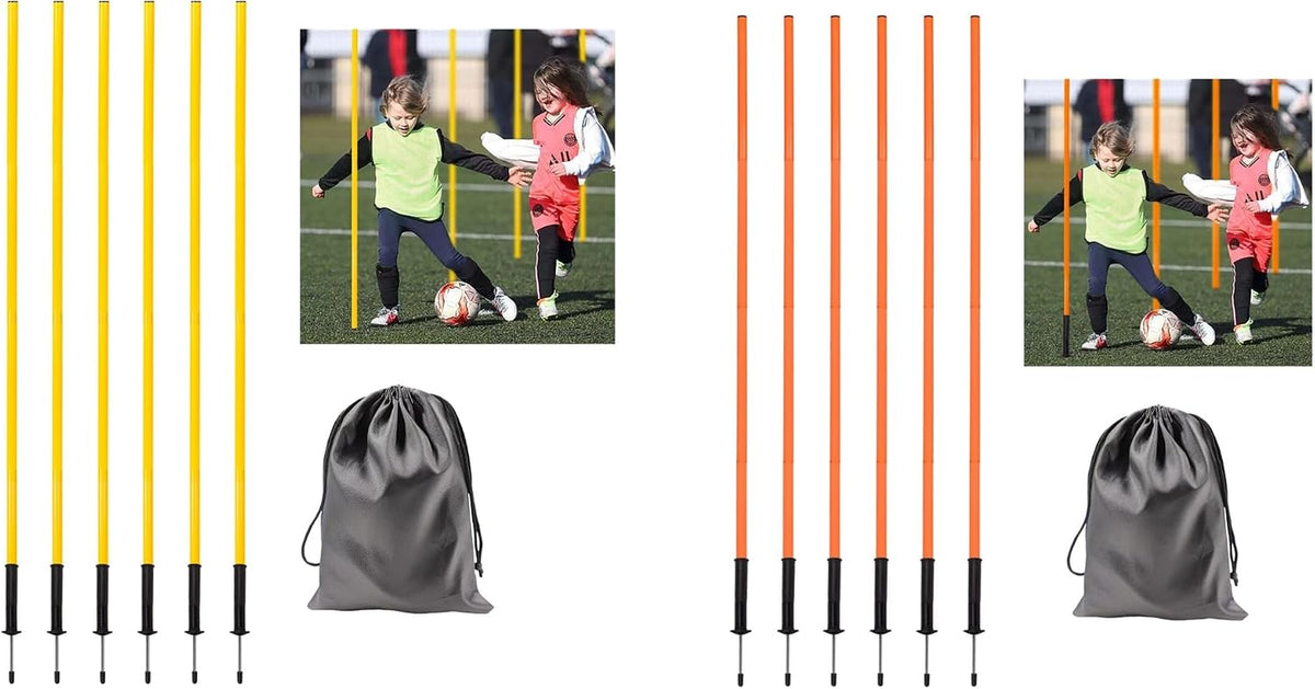 12 Pcs Yellow and Orange 5FT Agility Training Poles for Soccer,Basketball,Football,Dog,Horse-Adjustable Speed and Agility Training Equipment Sports Training Sticks with Ground Spring Nails and Storage
