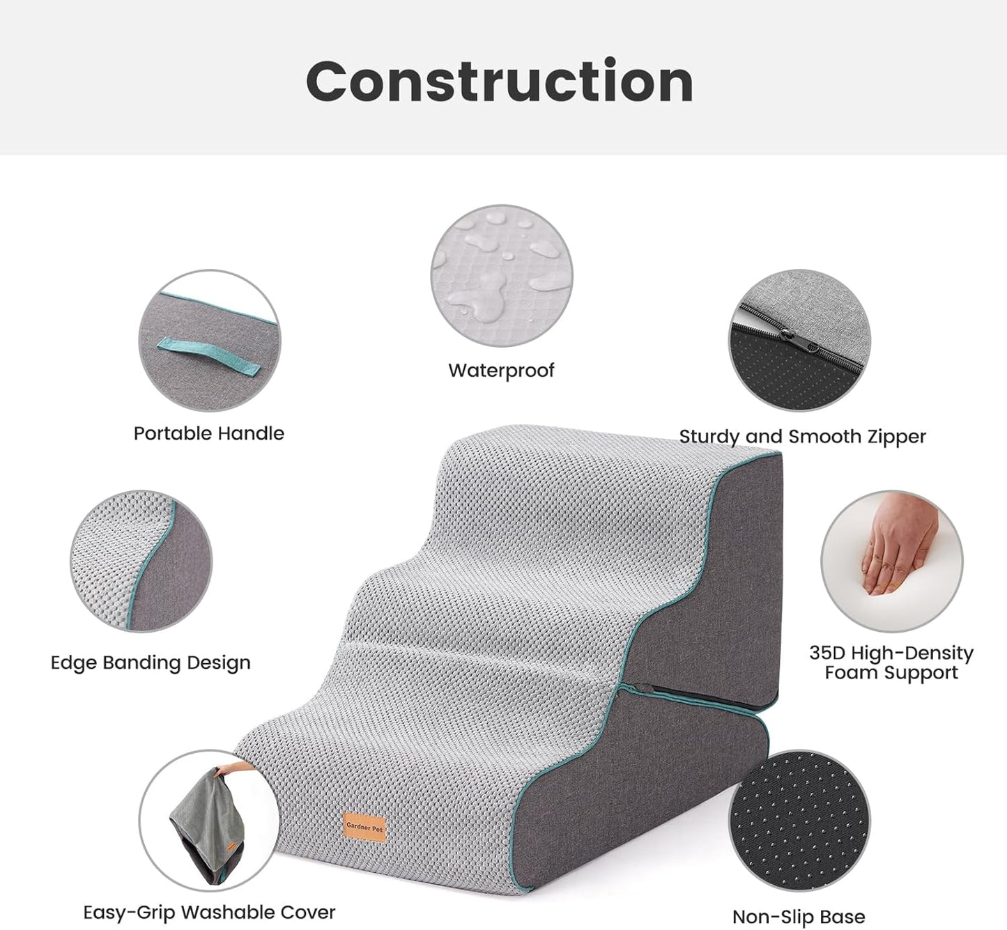 Gardner Pet Dog Stairs for Small Dogs 16.5" H, 2 in 1 Transformable 3-Step Pet Stairs and Ramp, Dog Steps for Couch (13-20 In) with Durable Non-Slip Waterproof Cover and Certipur-Us Certified Foam