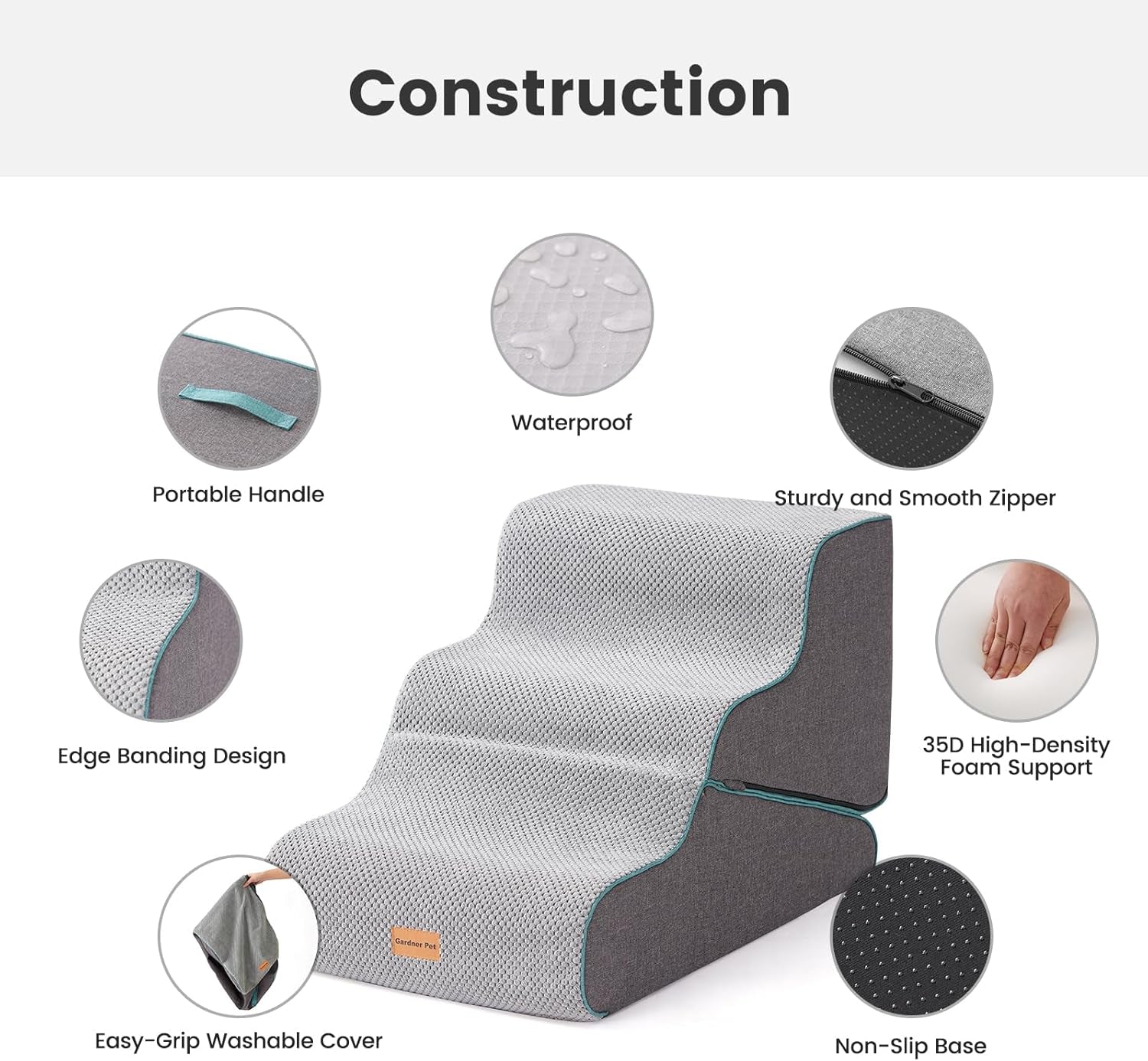 Gardner Pet Dog Stairs for Small Dogs 16.5" H, 2 in 1 Transformable 3-Step Pet Stairs and Ramp, Dog Steps for Couch (13-20 In) with Durable Non-Slip Waterproof Cover and Certipur-Us Certified Foam