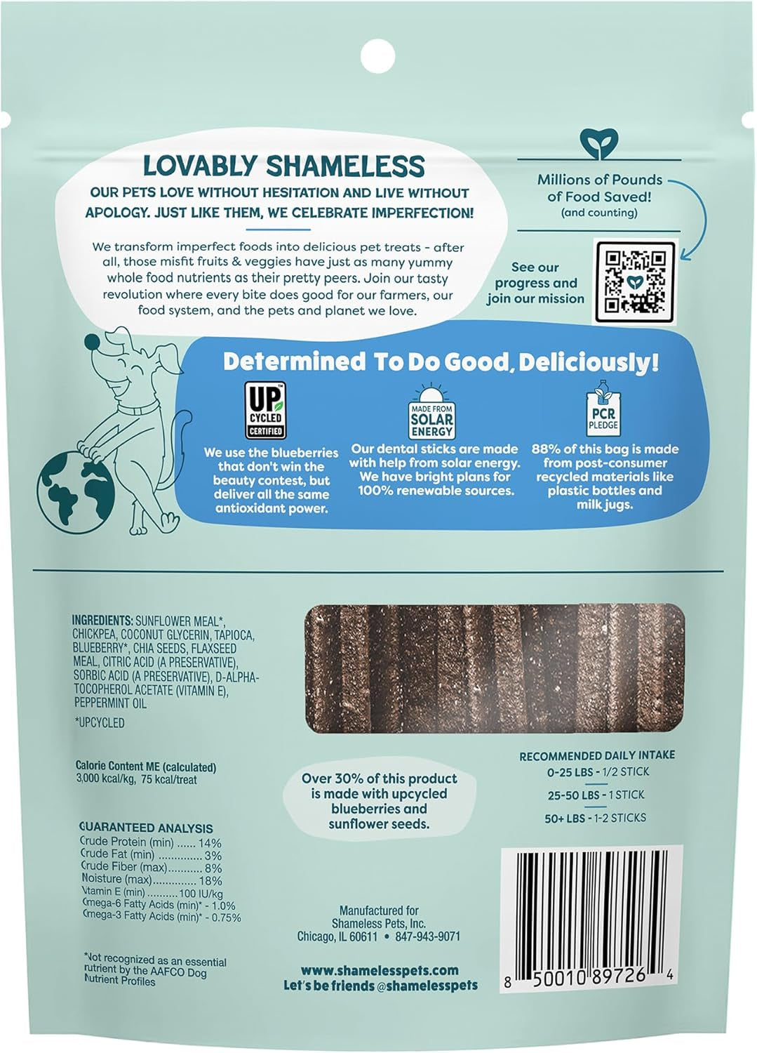 Shameless Pets Blueberry & Mint Dental Chews for Dogs, 8 Chews - Natural Dog Teeth Cleaning Treats with Fresh Breath Benefits | Grain-Free Dental Sticks for Small, Medium & Large Dogs