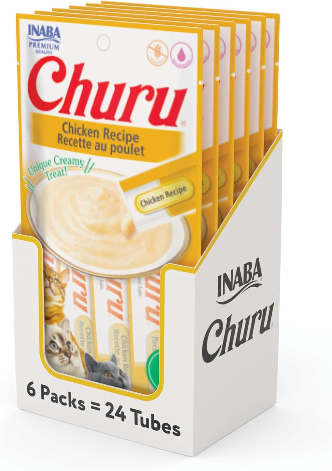 INABA Churu Cat Treats, Lickable, Squeezable Creamy Purée Cat Treat with Green Tea Extract & Taurine, 0.5 Ounces Each Tube, 24 Tubes (4 per Pack), Chicken Recipe
