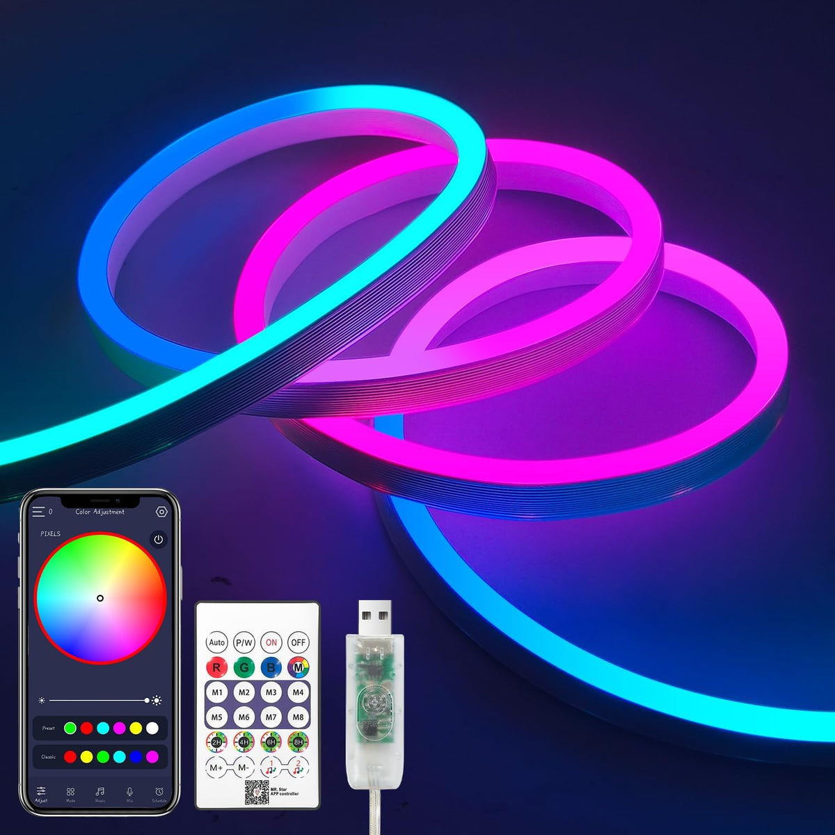 Inextstation 6.56FT Smart IC LED Strip Lights 5V USB RGB Neon Rope Lights