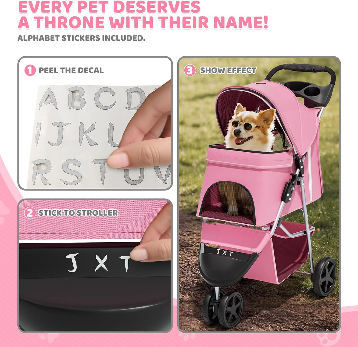 Magshion 3-Wheel Pet Stroller for Small/Medium Dog Cat, up to 33Lbs, Pink