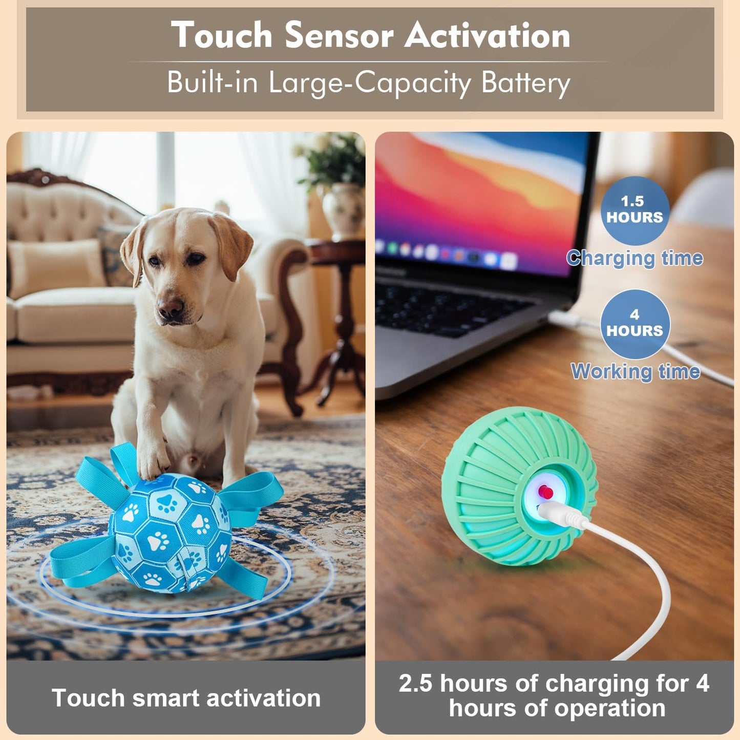 Interactive Dog Toys Dog Soccer Ball to Keep Them Busy,Durable Automatic Moving Jumping Dog Balls with Straps for Small/Medium/Large Dogs, USB Rechargeable,Not for Aggressive Chewers (Blue)