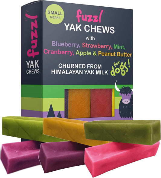 Fuzzl – Pack of 6 Small Mixed Flavour Yak Chews for Dogs Blueberry, Strawberry, Cranberry, Mint, Apple, Peanut Butter | Natural Himalayan Cheese Treats Long-Lasting Dental Chews for Small Breeds