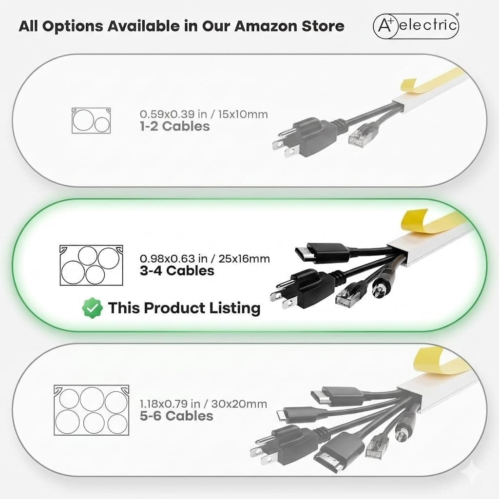 A+ ELECTRIC Cord Cover Full Kit, 26Ft/315In Self-Adhesive Cable Raceway, 20 Snap-On Channels, Wire Hider for TV, HDMI & Speaker Cables, Includes Connectors & Corners, Paintable Cable Management, White