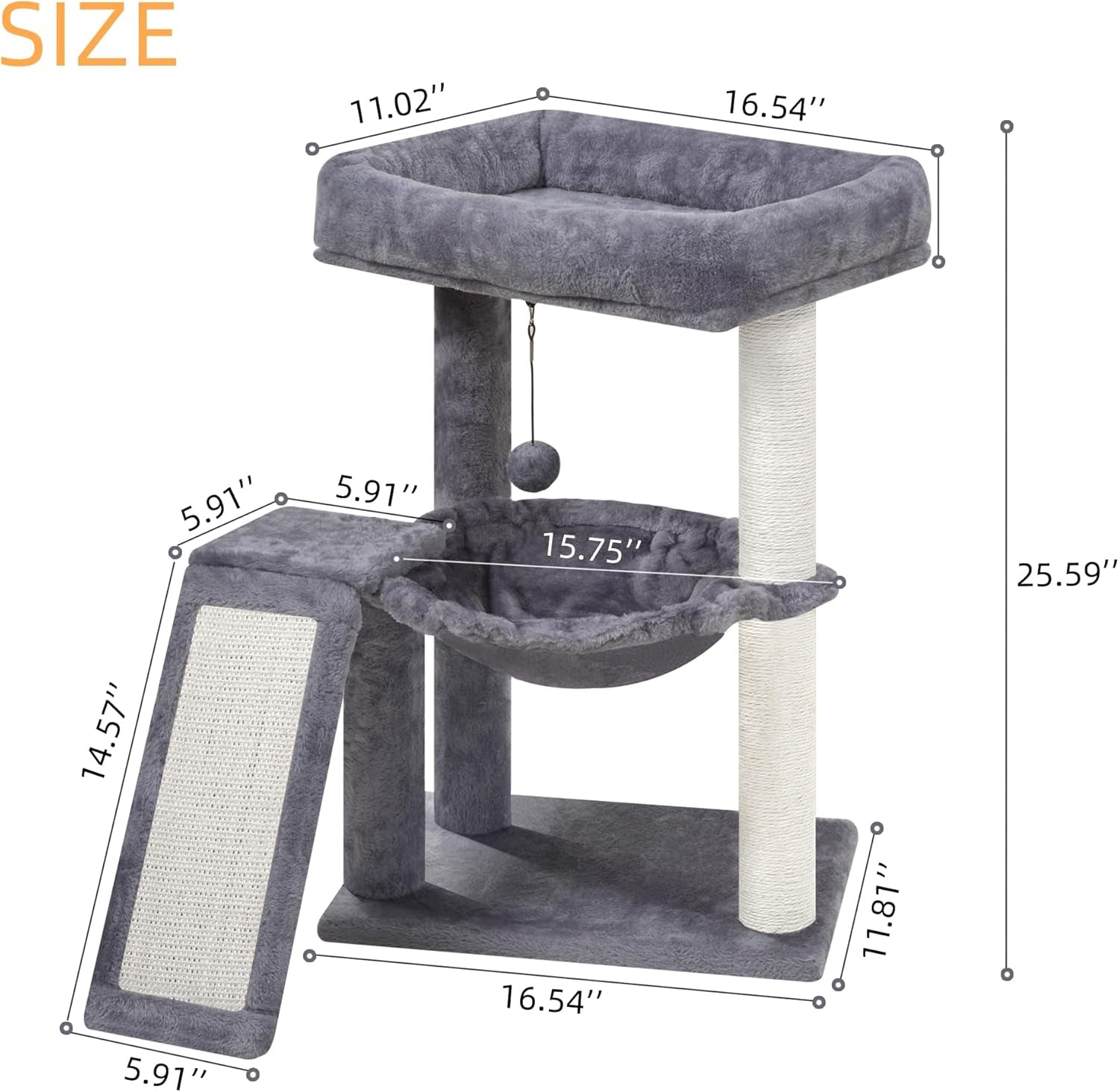 YOUPET Cat Tree with Cat Scratching Post for Indoor Cats, Cat Tower with Scratching Board and Playful Toy Balls, Cat Tree Tower with Cozy Hammock,Grey