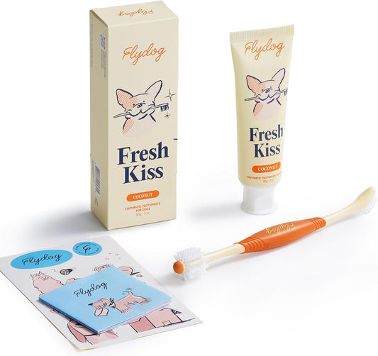 Flydog Fresh Kiss Dog Tooth Brushing Kit, Enzymatic Dog Toothbrush and Toothpaste- Vet Approved Formula, Breath Freshener & Tartar Remover, 360° Toothbrush for All round Cleaning (Coconut Oil)