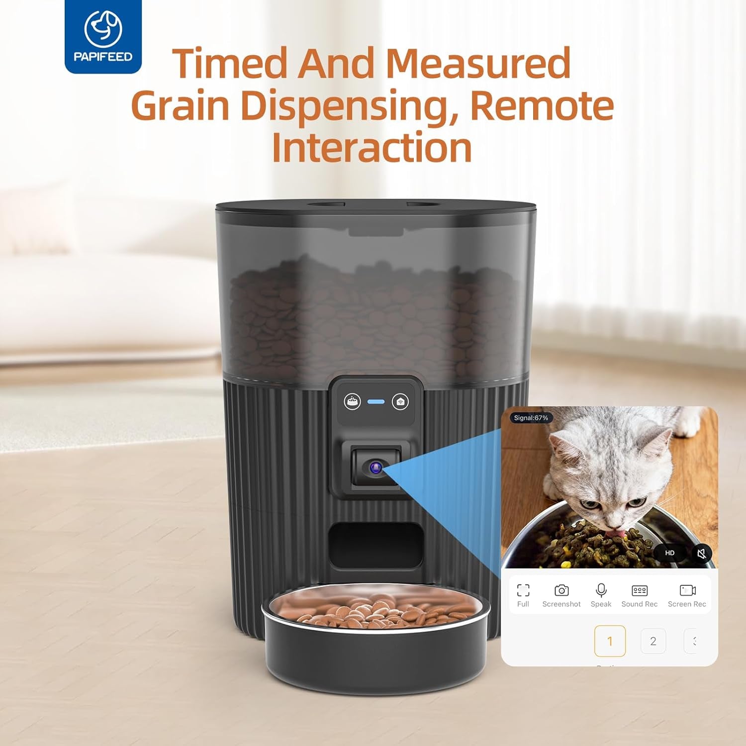 PAPIFEED Automatic Cat Feeder with Camera, 3L Cat Food Dispenser with App, 2.4G Wifi Timed Cat Feeder for Dry Food, 2-Way Audio, Smart Pet Feeder for Small Dog, 10 Meals/Day, 6 Portions/Meal