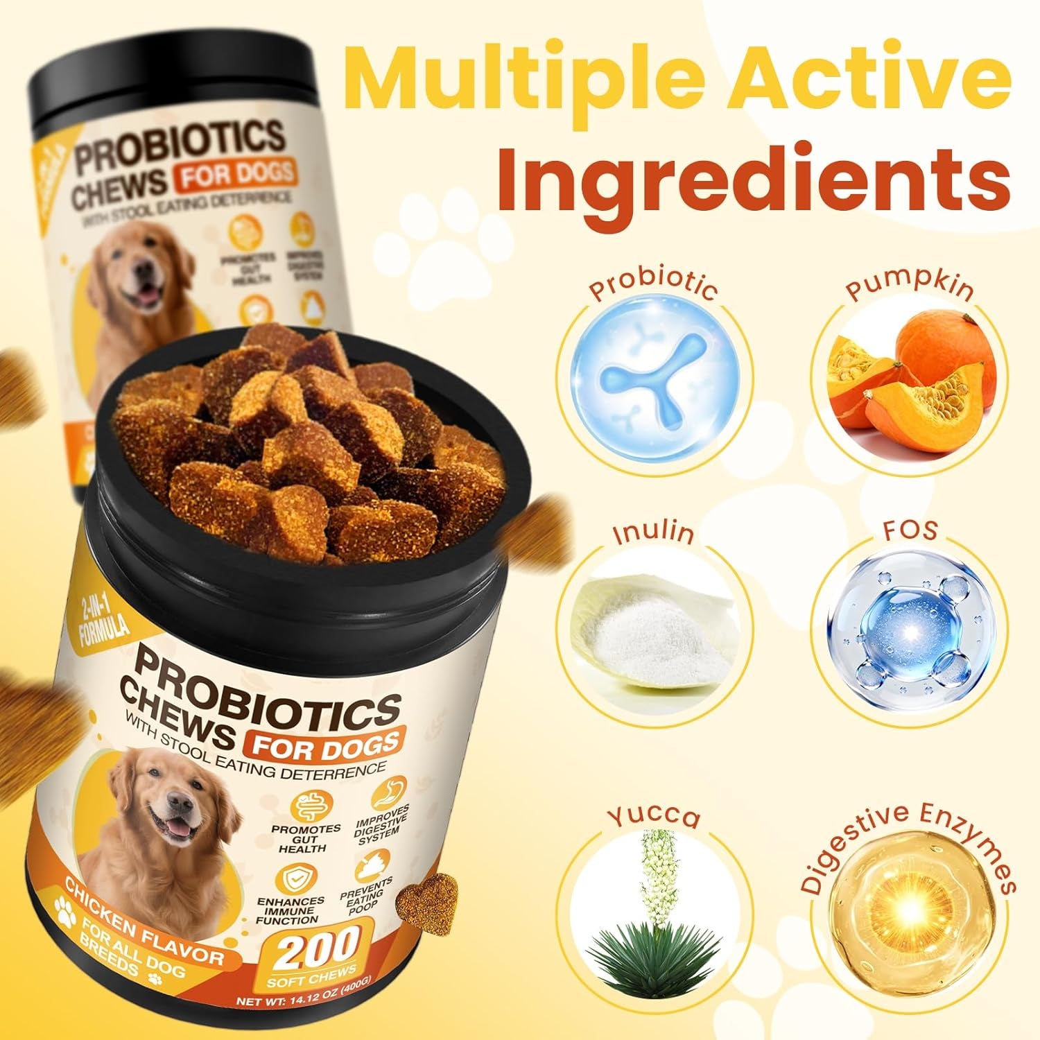 200 Count Probiotic Chew for Dogs-Probiotics Chews for Gut Digestive Health & Itchy Skin Support Relieve Diarrhea Enhance Immunity Breath Freshener with Enzymes Prebiotic Pumpkin-Chicken