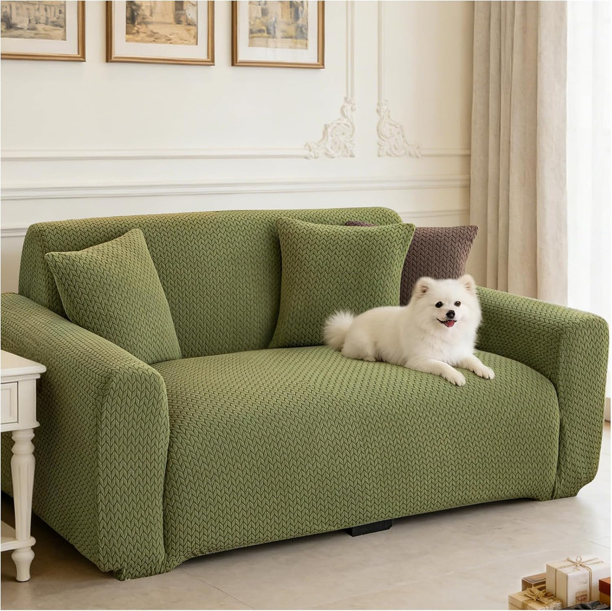 Stretch Couch Covers, Couch Covers for 2 Cushion Couch Sofa Pet Friendly, Washable, Furniture Protector Sofa with Elastic Bottom for Cats, Dogs (Wheat Pattern - Green, 2 Seats)