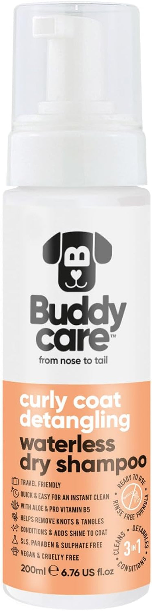Buddycare Curly Coat Detangling Waterless Dry Dog Shampoo – No Rinse Instant Clean Spray, Peach Scent, Removes Knots & Tangles, with Aloe & Pro Vitamin B5, Vegan, SLS & Paraben Free, Travel Friendly