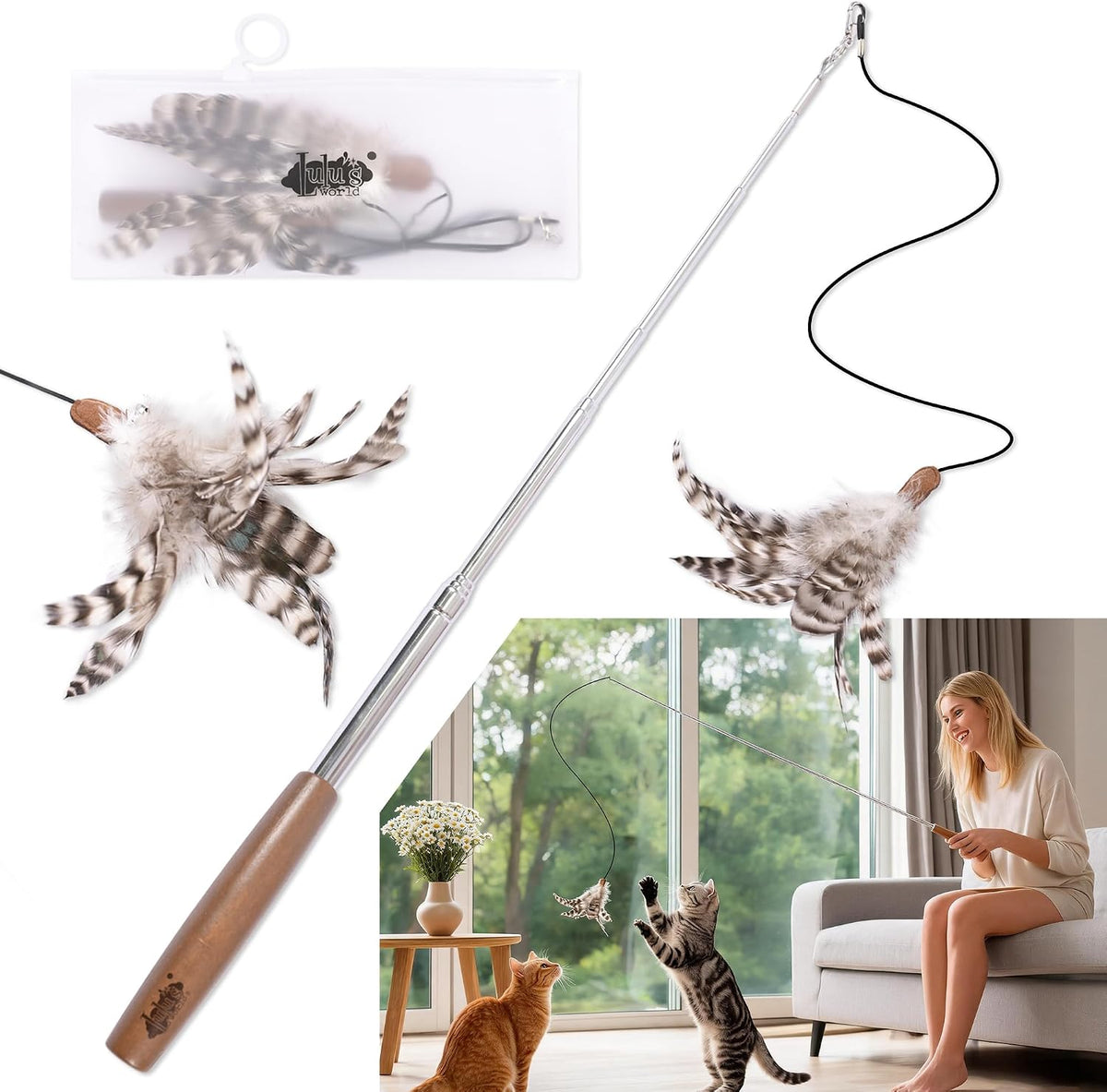 Lulu'S World Retractable Cat Wand Toy 8.3"-46"Telescopic Feather Teaser