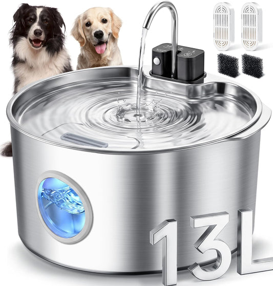 Large Cordless Dog Water Fountain Stainless Steel, 13L/3.4G, Spare 2 Filter
