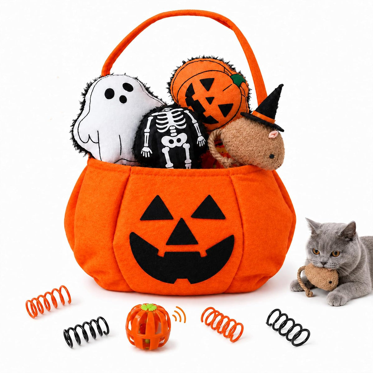 Halloween Cat Toys 10 Pack, Catnip Plush Pumpkin Ghost Skeleton Mouse Toys, Spring Coils, Pumpkin Bell Ball & Pumpkin Bag, Interactive Chew Play Toys for Kittens Indoor Cats