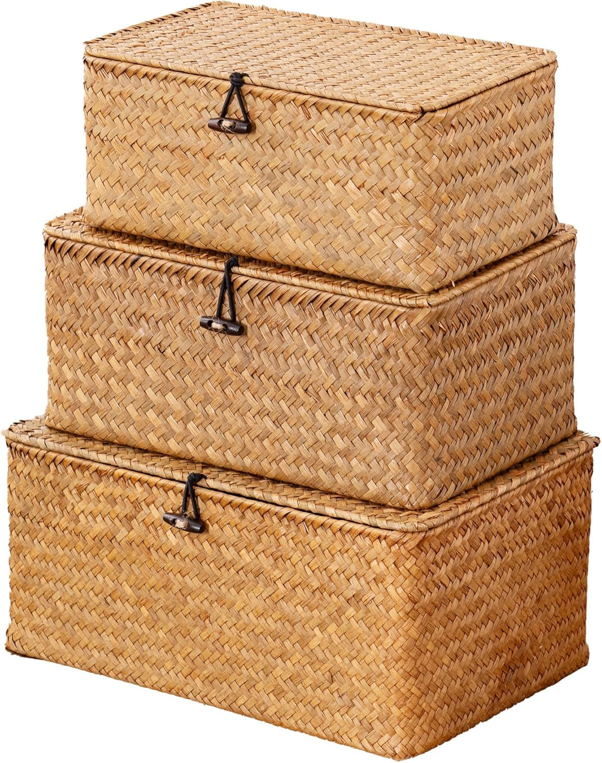 Nonam Wicker Storage Basket with Lid,Seagrass Shelf Basket Set of 3,Natural