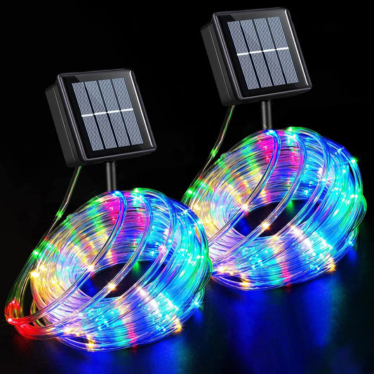 YEGUO Solar Rope Lights Outdoor Waterproof, 2 Packs Each 33Ft 100 LED String Lights, 8 Modes Fairy Lights in Clear Thin Tube for Camping Fence Patio Garden Trampoline Deck(Multicolor)