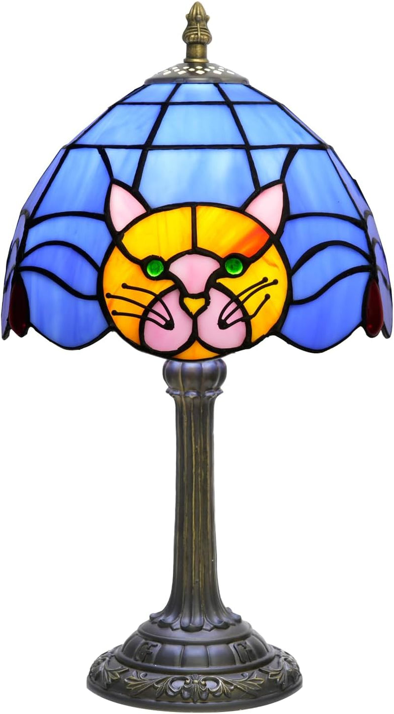 Orange Cat Lamp Tiffany Lamp Blue Stained Glass Table Lamp Cute Small Bedside Nightstand Desk Lamp Warm Light Bedroom Office Living Room Kitchen for Cat Lovers Gift Halloween Christmas Kids Decor Led
