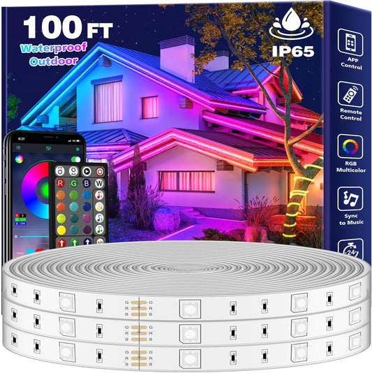 FBZ 100Ft Outdoor Waterproof LED Strip Lights,Music Sync RGB IP65 Led Lights with App Control and Remote,Color Changing Waterproof Led Rope Lights for Outdoor,Balcony,Roof,Garden,Stairs Party