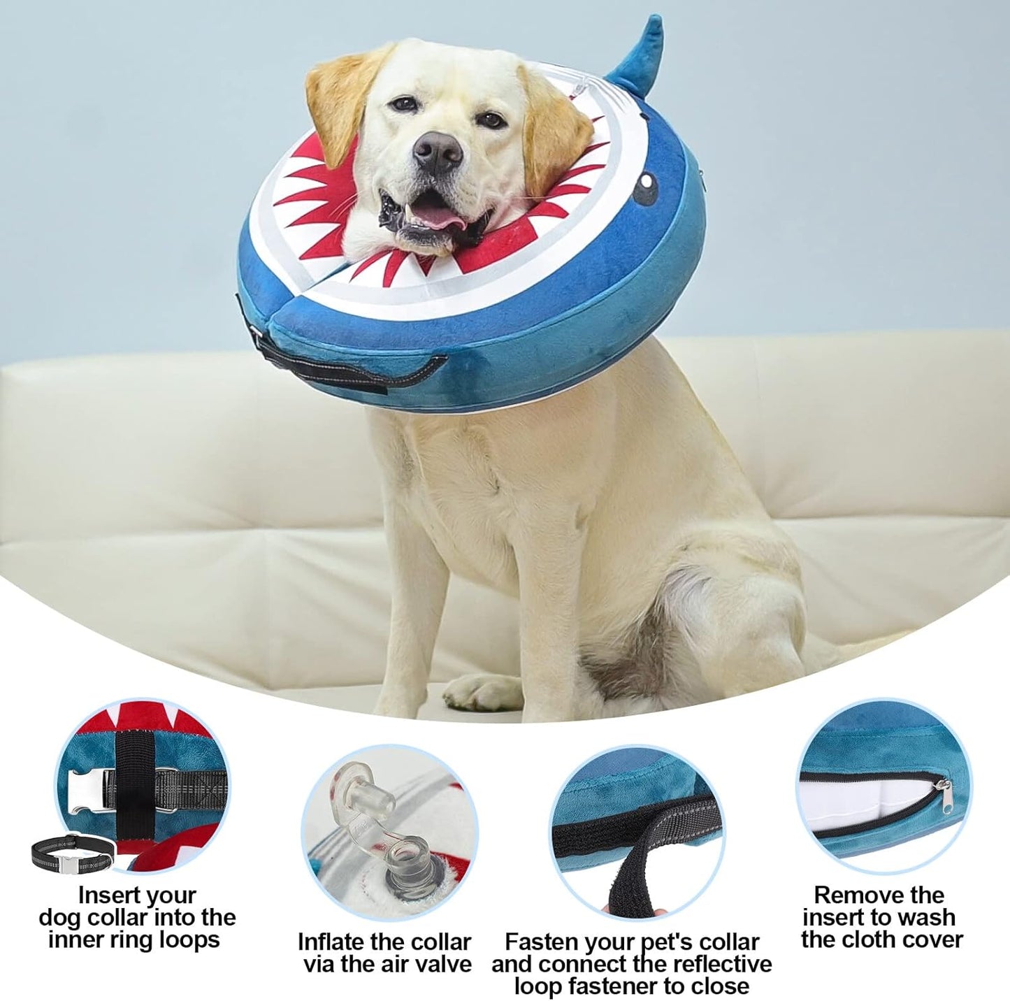 BEAUTYZOO Dog Cone Alternative after Surgery for Large Medium Small Dogs, Soft Inflatable Cone Collar for Dogs Cats, Dog Neck Donut E Collar Dogs Recovery Collar to Stop Licking, Shark Blue, M
