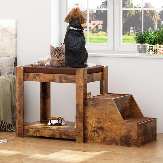 Large Dog Window Perch with 2-Tier Stairs,Sturdy Wood Frame, Rustic Brown
