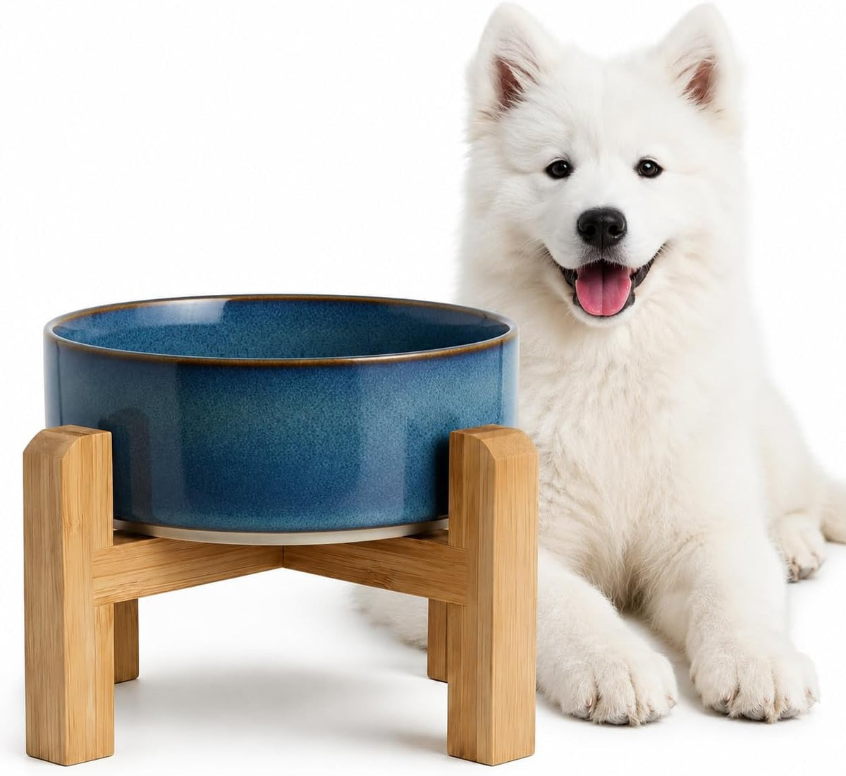 Hjn Elevated Ceramic Dog Bowl with Bamboo Stand, Raised Pet Feeding Station for Small Medium Dogs Cats, Modern Design with Anti-Slip Base (Deep Blue, 3.6Cup)