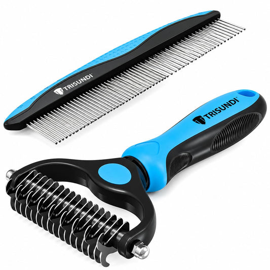 Pet Grooming Combo for Dogs & Cats – Deshedding Brush with Stainless Steel Comb – Undercoat Rake for Removing Loose Fur, Detangling & Dematting Tool for Long, Thick & Matted Coats