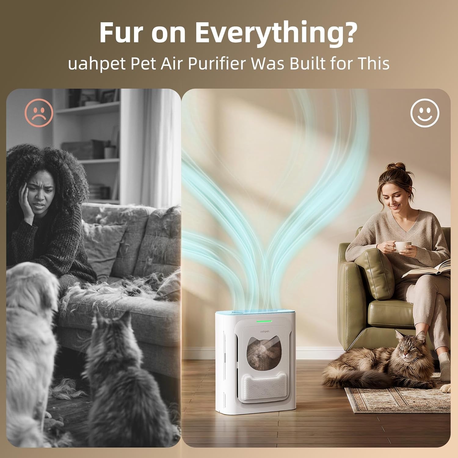 Uahpet Pet Air Purifier, H13 HEPA Filter for Pet Hair, Dander & Odors, 2100 Sq Ft Coverage, Plug & Play No Wifi Required, Clog-Resistant Intake, Washable Pre Filter, Quiet 25Db