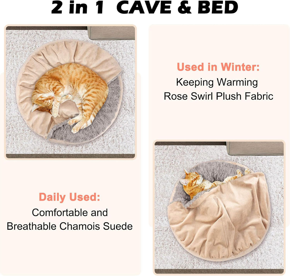 GASUR Small Dog & Cat Bed, 23'' Donut Pet Bed Mat with Hooded Blanket, Anti-Anxiety Burrow Cave Bed, Cozy Puppy Bed, Machine Washable, for Indoor Pets up to 20Lbs