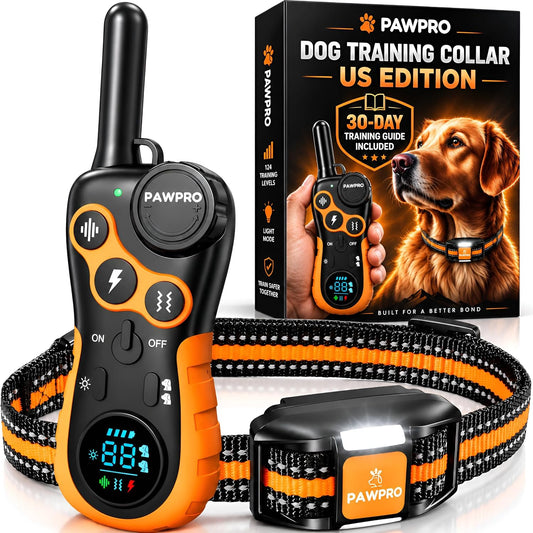 PAWPRO Dog Shock Collar with Remote, US Edition Training Collar, 4-Mile Range, Night Light, Beep, Vibration & 1-99 Shock, Waterproof & Rechargeable, Fits All Dogs, 30-Day Training Guide (1 Collar)