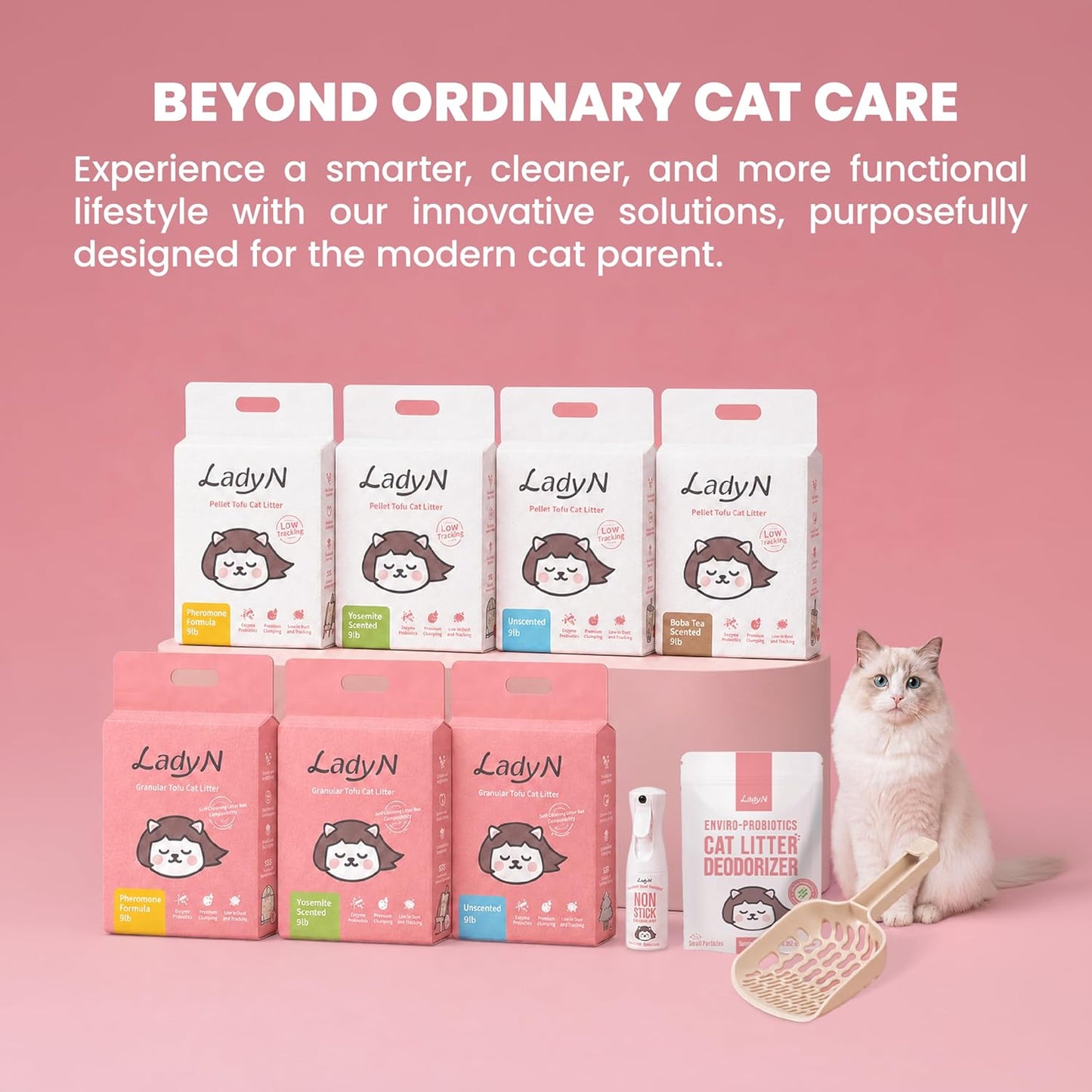 Lady N Tofu Cat Litter, Low Dust Compatible with Auto-Box Unscented 9Lb | Mini-Pellet Shape, Strong Clumping, Ultra Absorbent, Activated Charcoal Odor Control