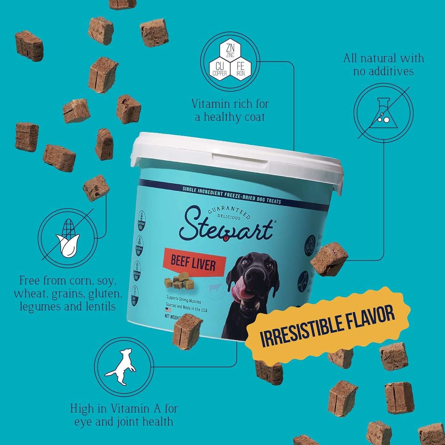 Stewart 100% Beef Liver Dog Treats, 4 Oz Tub, ~90 Pieces, Freeze Dried Raw, Single Ingredient, 50% Protein Training Treats or Meal Topper, Grain Free, Gluten Free