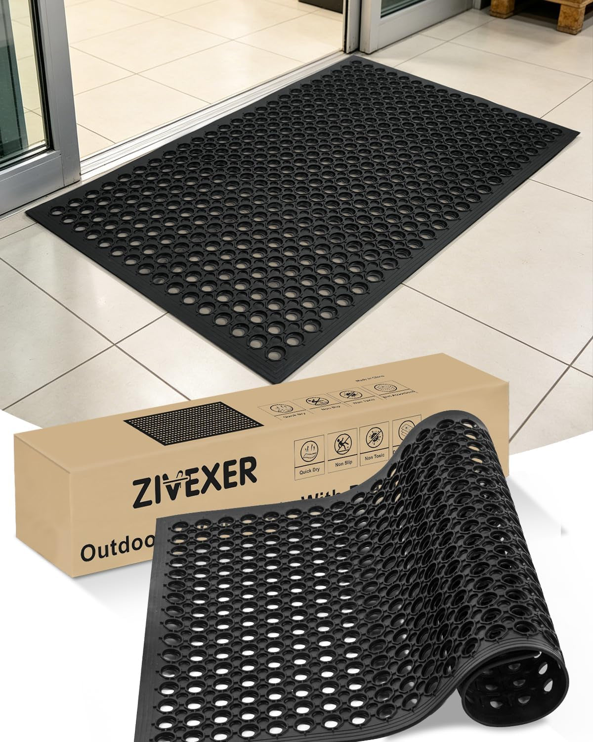 24"X36" Heavy Duty Non Slip Outdoor Rubber Door Mat with Drainage Holes,Large Rubber Mats for Bar, Garage, Kitchen, Waterproof Black Shop Matt, Fast Drying Restaurant Floor Mat, Driveway Mats Outdoor