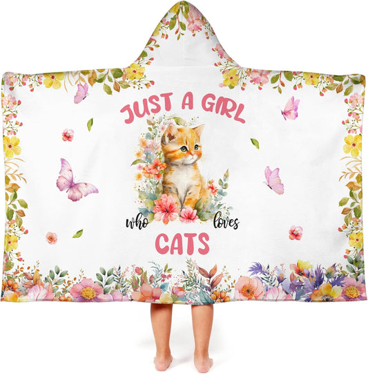Cat Hooded Bath Towels for Girls,Soft Cotton Swimming Shower Beach Blanket (Cat)
