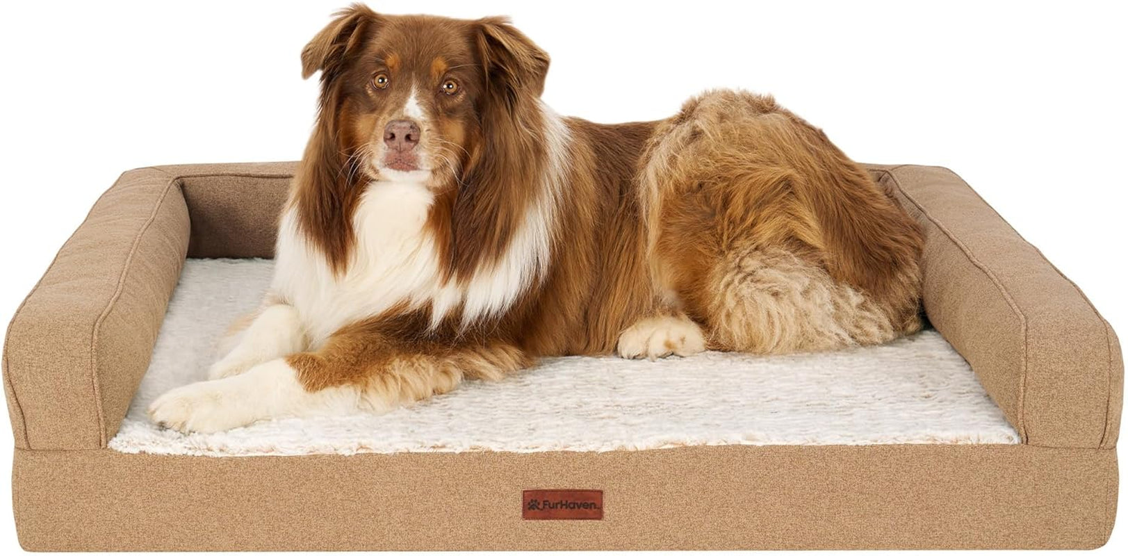 Furhaven Birch Faux Fur & Soft Faux Linen Modern Orthopedic Sofa Pet Bed, Nutmeg, Jumbo