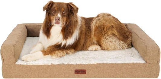 Furhaven Birch Faux Fur & Soft Faux Linen Modern Orthopedic Sofa Pet Bed, Nutmeg, Jumbo
