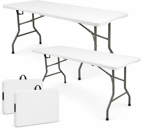 Set of 2 Folding Table 6 FT Lightweight Camping Table White Portable Plastic Rectangular Outdoor Dining Table Steel Legs Fold-In-Half with Carrying Handle for Indoor,Picnic,Party,Wedding,Events
