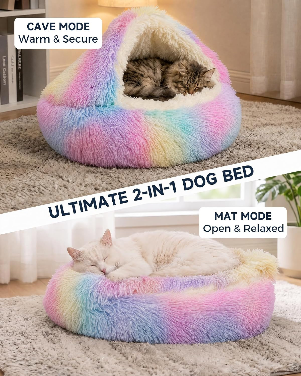 Shinhye Cat Bed round Plush Fluffy Hooded Cave, 23×23Inch, Multicolor