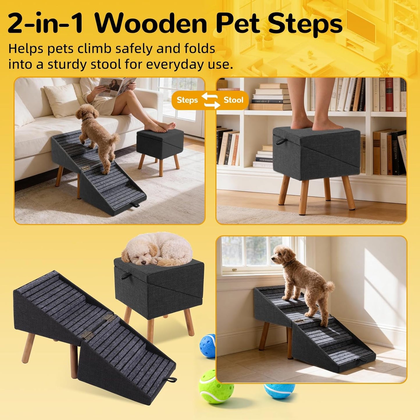 17.13" H Dog Stairs for Small Dogs, 2-In-1 Pet Steps & Ottoman - Foldable Dog Stairs for Couch, Non-Slip Wooden Pet Stairs for Puppy Senior Injured Dogs